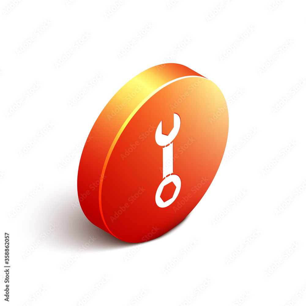 Isometric Wrench spanner icon isolated on white background. Orange circle button. Vector Illustratio