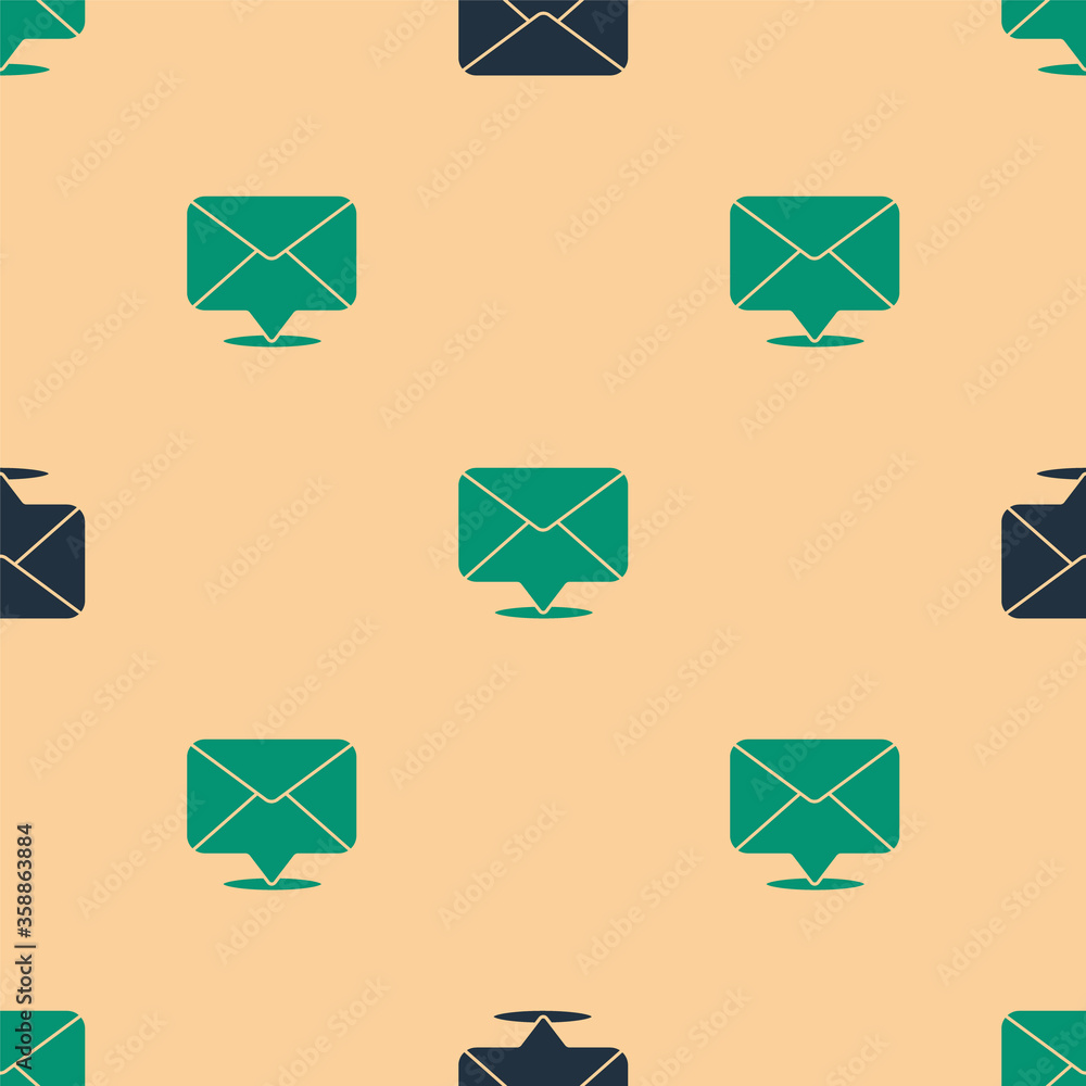 Green and black Envelope icon isolated seamless pattern on beige background. Email message letter sy