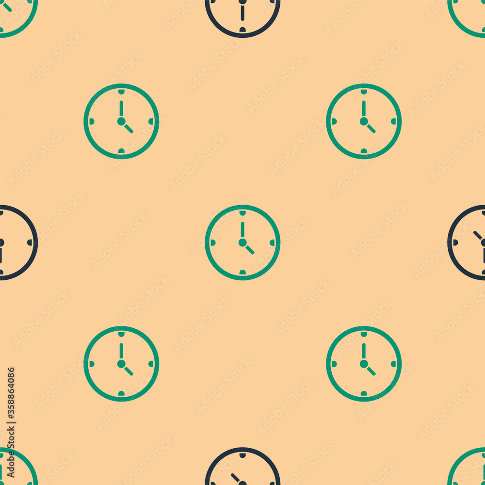 Green and black Clock icon isolated seamless pattern on beige background. Time symbol.  Vector Illus