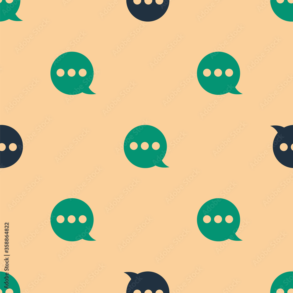 Green and black Speech bubble chat icon isolated seamless pattern on beige background. Message icon.