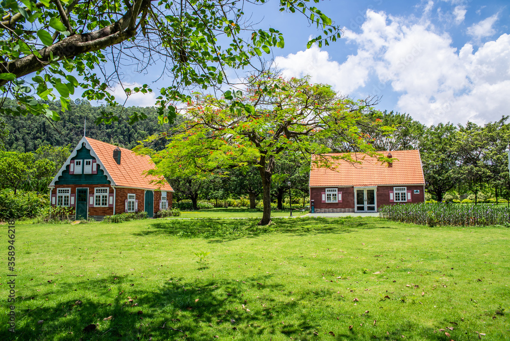 大草坪上的两间彩色小屋