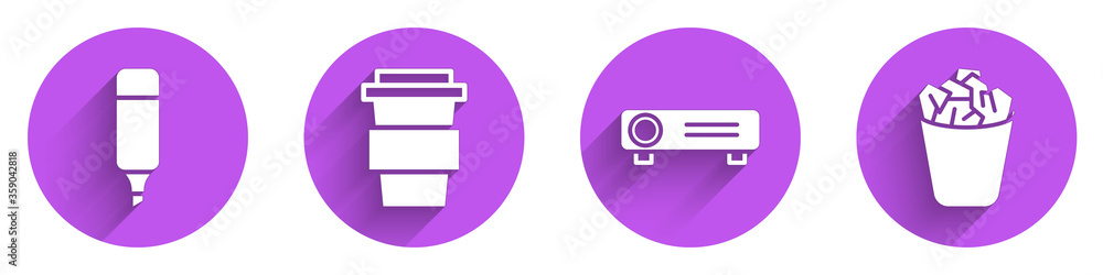 设置记号笔、咖啡杯、电影、电影、媒体投影仪和带长sha的完整垃圾桶图标