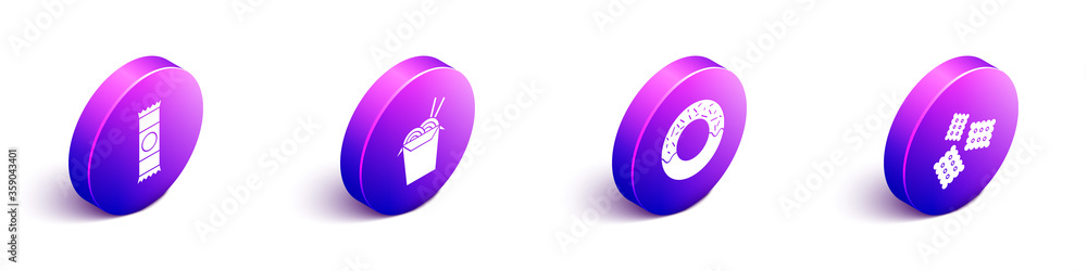 Set Isometric Chocolate bar, Asian noodles and chopsticks, Donut and Cracker biscuit icon. Vector