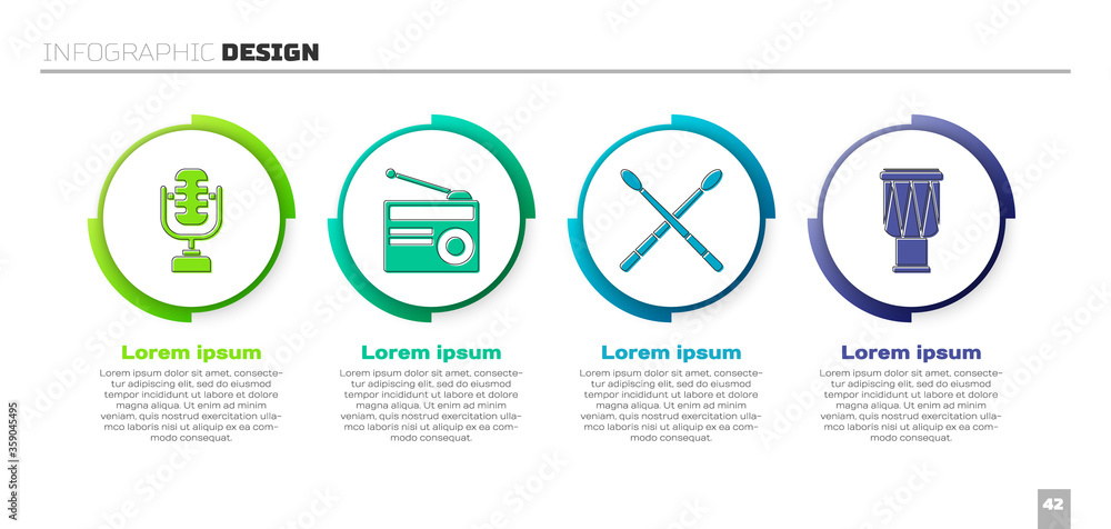设置麦克风、带天线的收音机、鼓槌和鼓。商业信息图模板。矢量