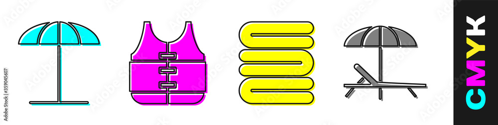 为海滩、救生衣、毛巾架、遮阳床和雨伞图标设置遮阳伞。Vector