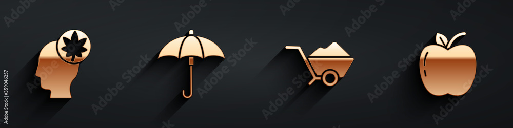 Set Human head with leaf, Umbrella, Wheelbarrow with dirt and Apple icon with long shadow. Vector