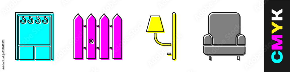 套装衣柜、木制花园围栏、壁灯和扶手椅图标。矢量