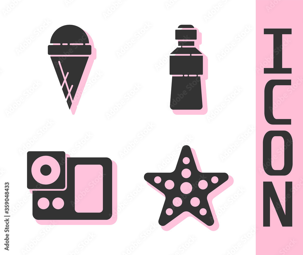 Set Starfish, Ice cream in waffle cone, Photo camera and Bottle of water icon. Vector