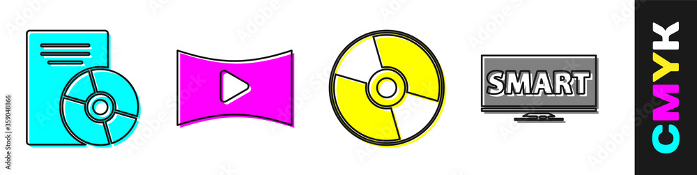 设置CD或DVD光盘、在线播放视频、CD或DVD盘和带智能视频图标的屏幕电视。矢量