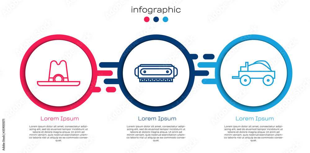 Set line Western牛仔帽，Harmonica and Wild west有盖马车。商业信息图模板.V