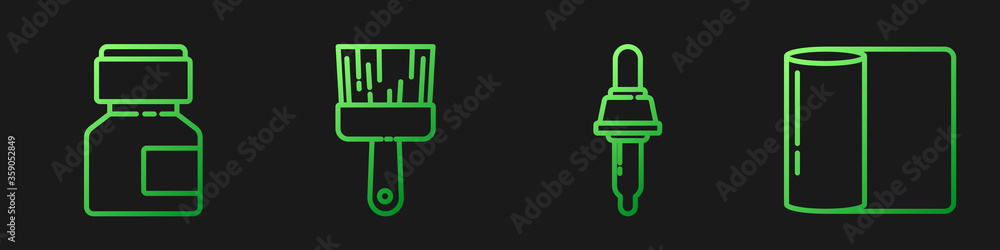 设置线移液管、油漆、水粉、罐子、染料、油漆刷和纸巾卷。渐变色图标。