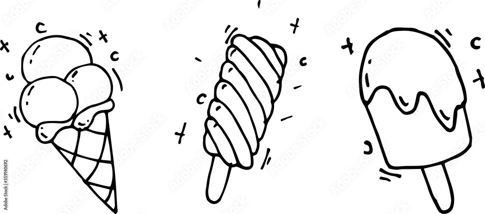 Vector illustration in doodle style, cartoon, flat. ice cream set. Cute line drawing, set of ice cre