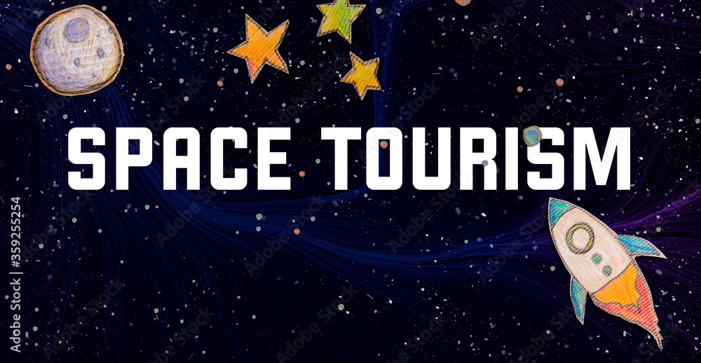 Space Tourism theme with space background with a rocket, moon, and stars