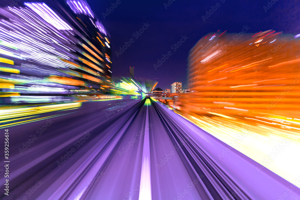 Abstract high speed technology POV train motion blurred concept from the Yuikamome monorail in Tokyo