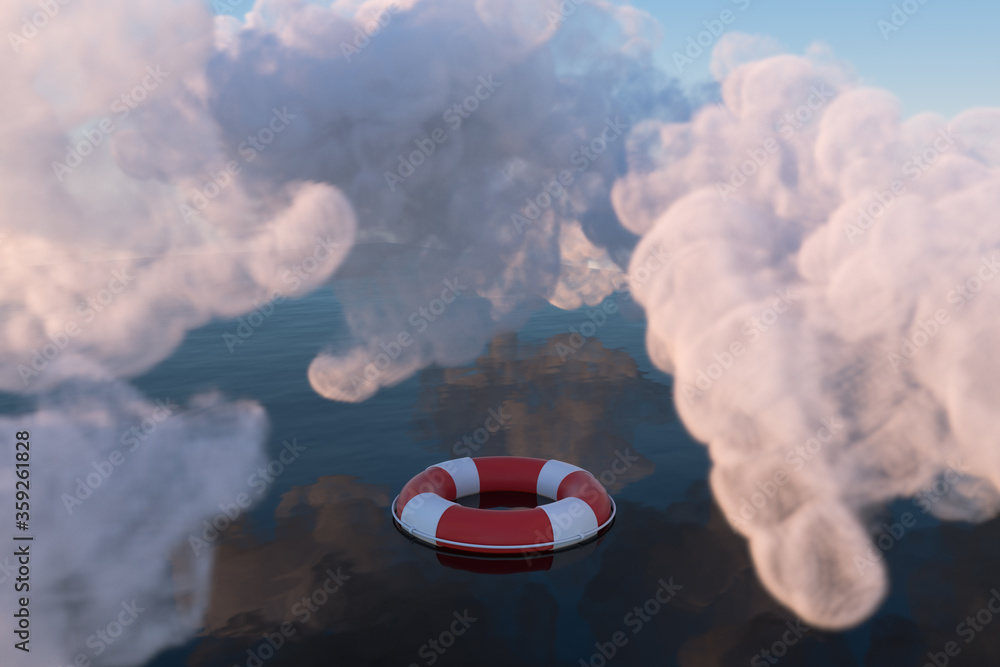 Life buoy on the ocean surface, 3d rendering.