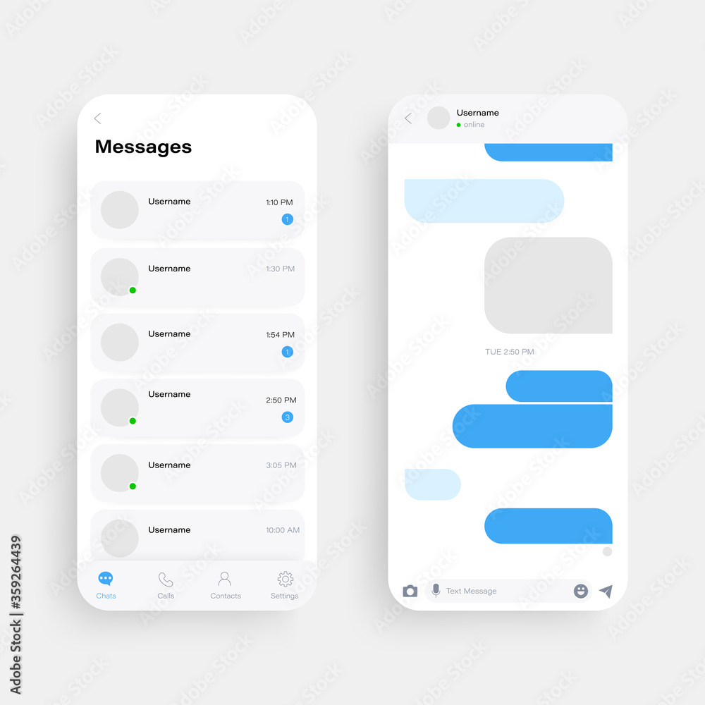 Mobile UI kit messenger. Chat app template. Vector illustration