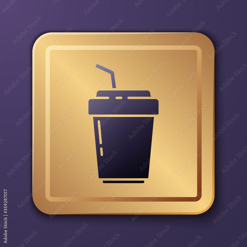 Purple Coffee cup to go icon isolated on purple background. Gold square button. Vector Illustration