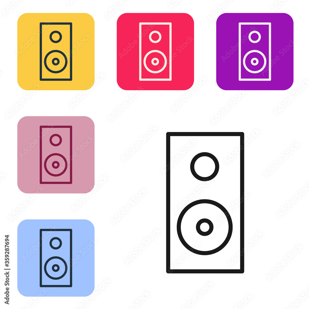 黑线立体声扬声器图标隔离在白色背景上。音响系统扬声器。音乐图标。Musi