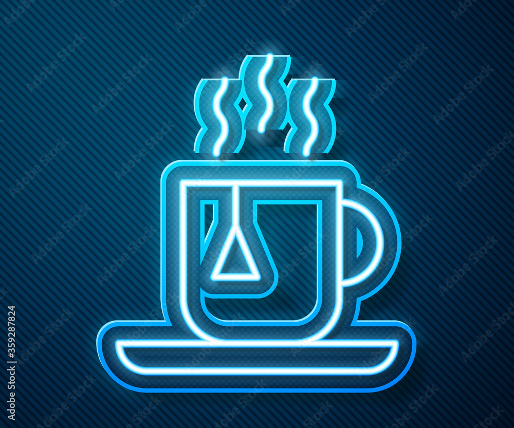 Glowing neon line Cup of tea with tea bag icon isolated on blue background.  Vector Illustration