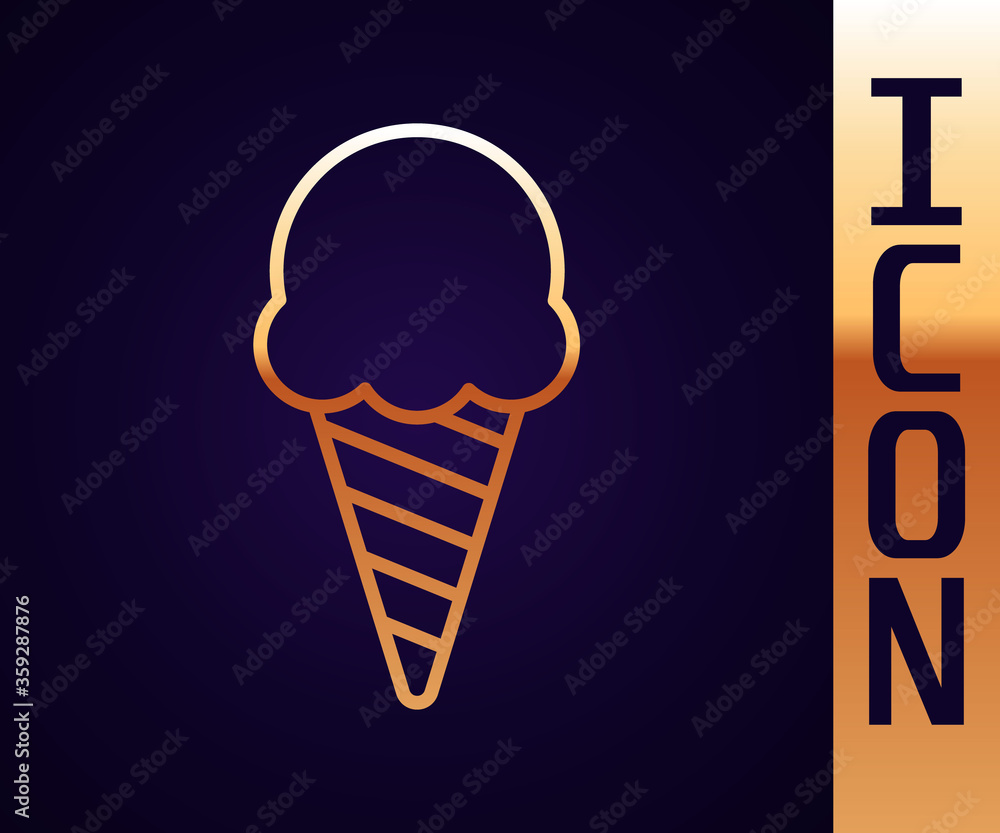 Gold line Ice cream in waffle cone icon isolated on black background. Sweet symbol.  Vector Illustra