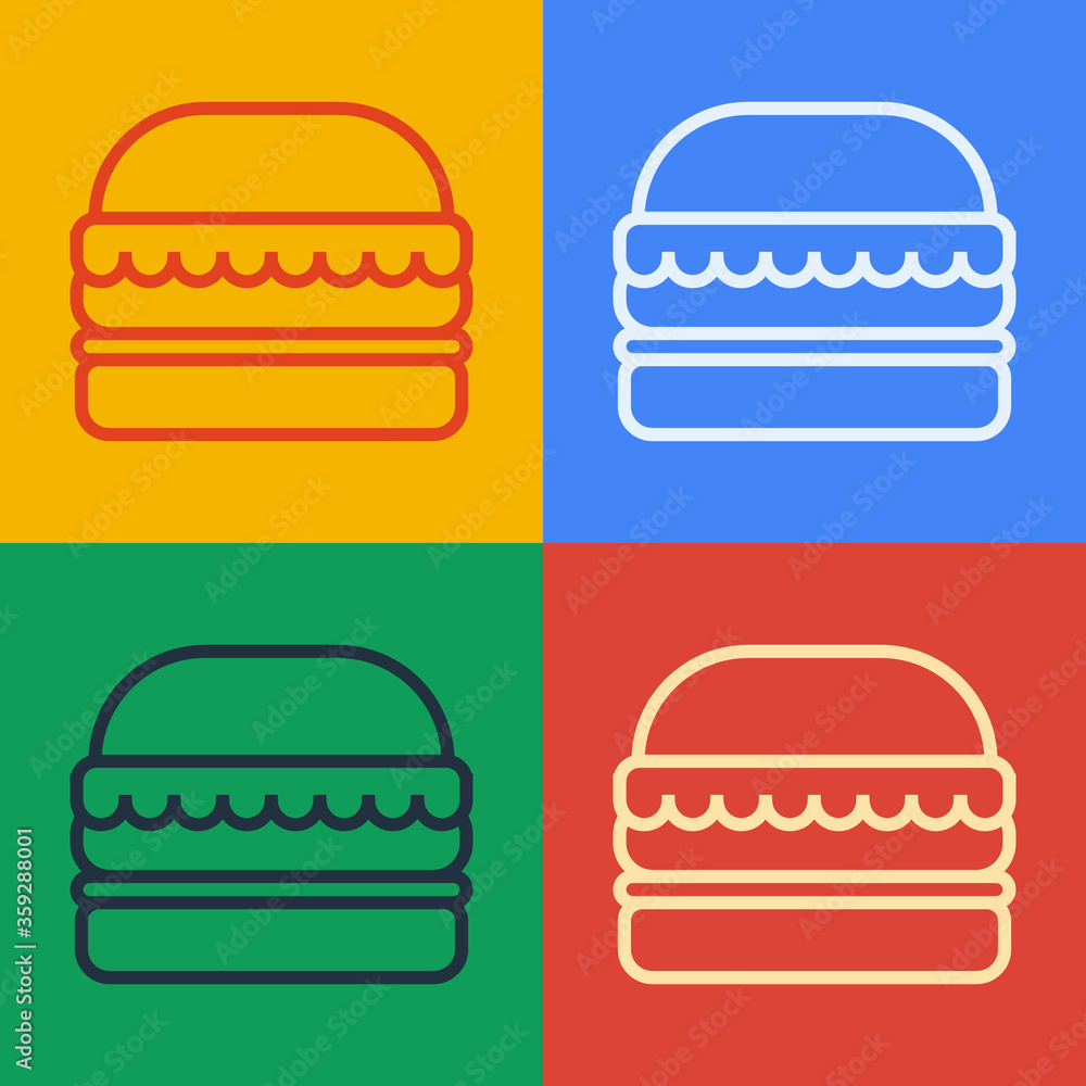 Pop art line Burger icon isolated on color background. Hamburger icon. Cheeseburger sandwich sign. F