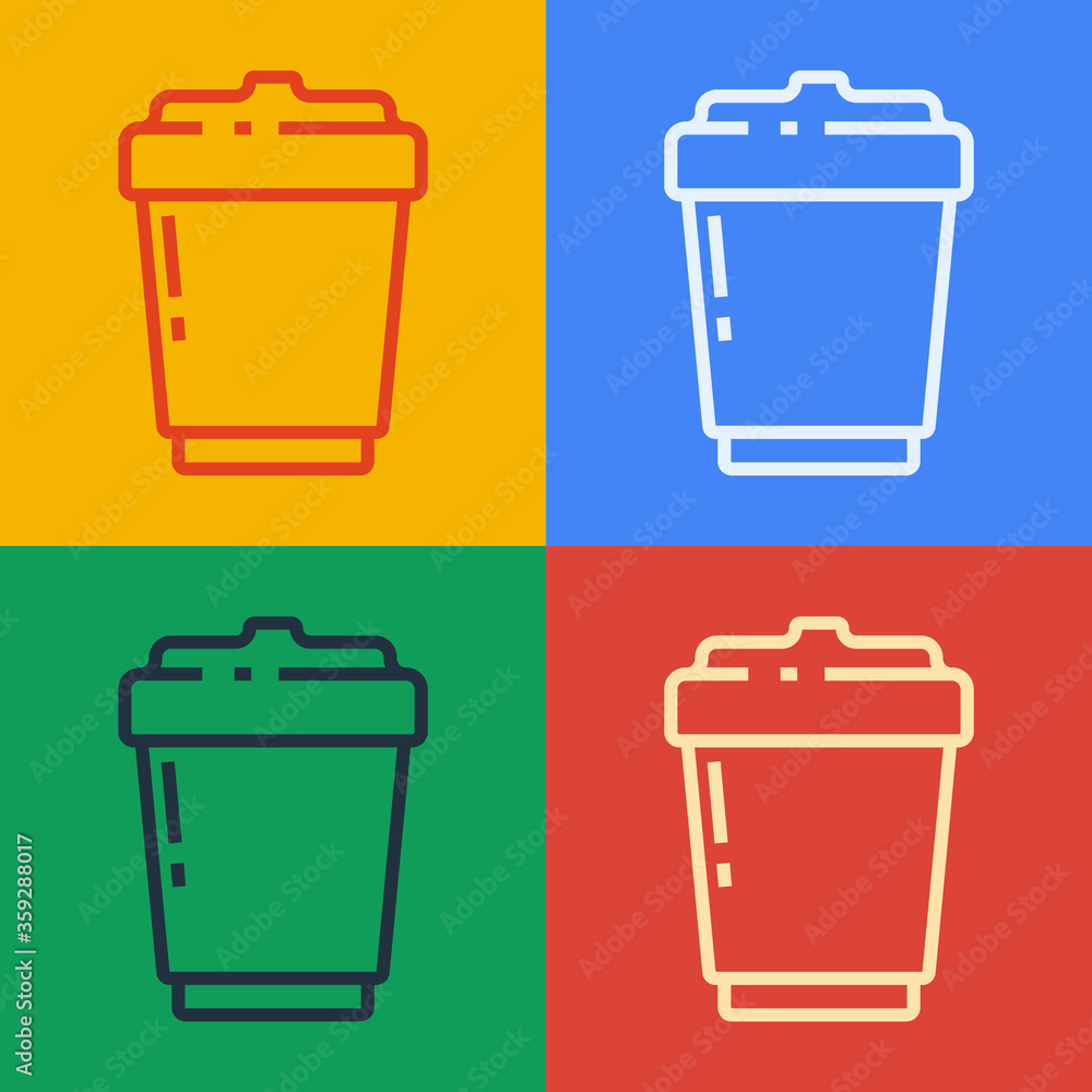 Pop art line Coffee cup to go icon isolated on color background.  Vector Illustration