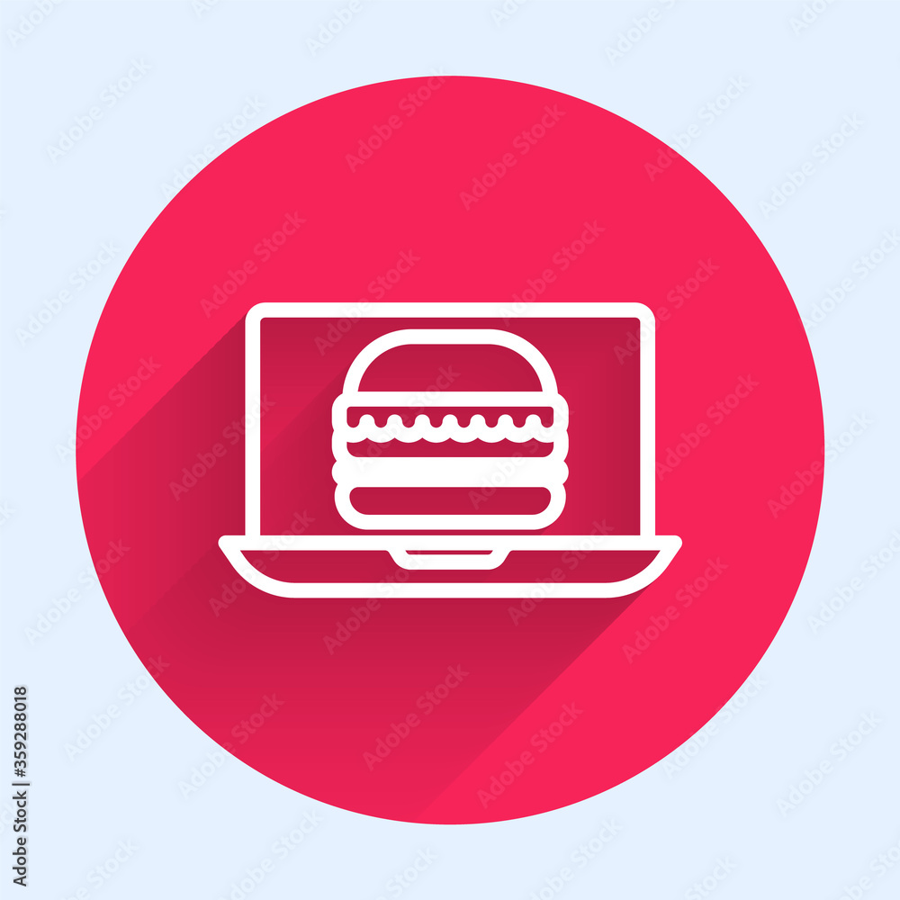 White line Online ordering and burger delivery icon isolated with long shadow. Red circle button. Ve