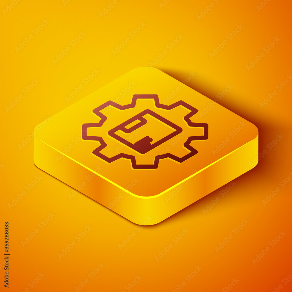 Isometric line Gear wheel with package box icon isolated on orange background. Box, package, parcel 