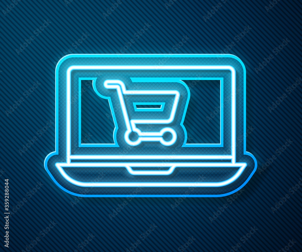 Glowing neon line Shopping cart on screen laptop icon isolated on blue background. Concept e-commerc