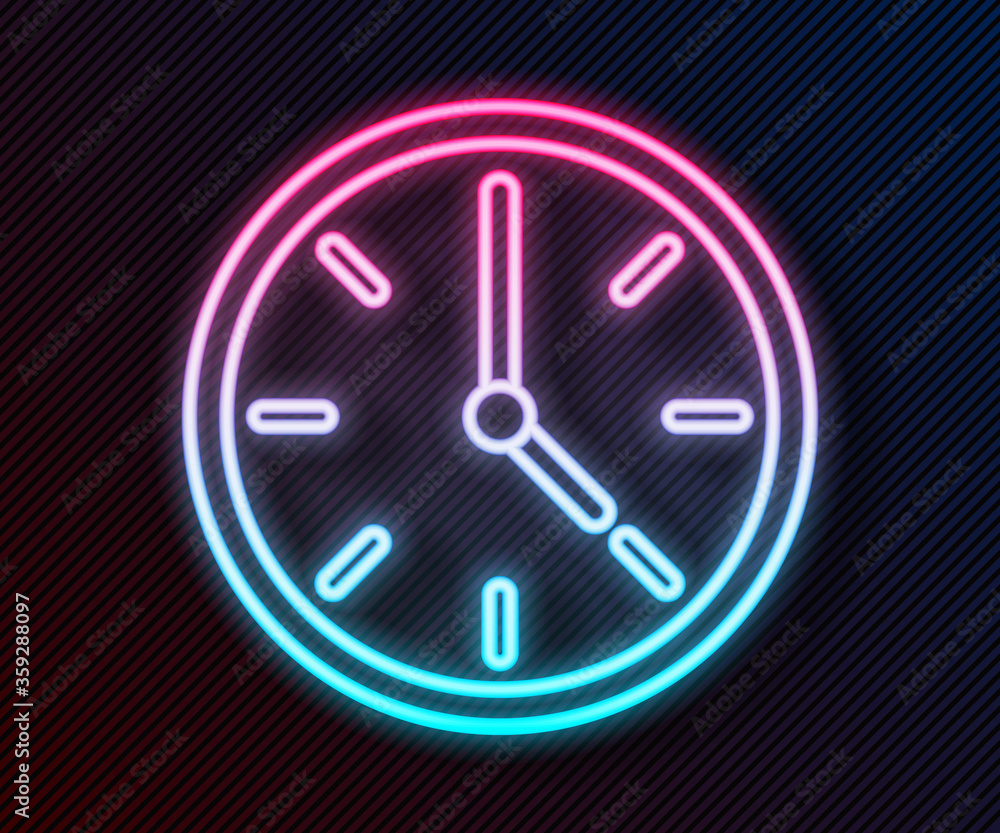 Glowing neon line Clock icon isolated on black background. Time symbol.  Vector Illustration