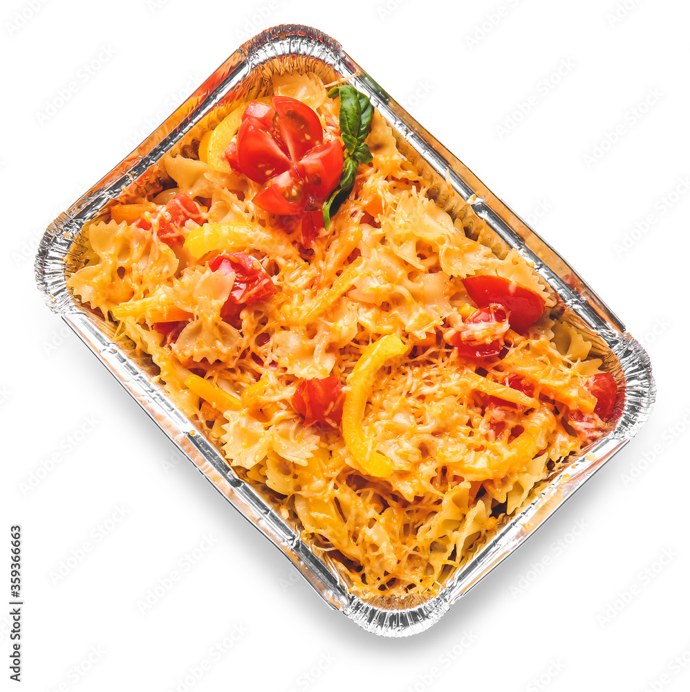 Tasty baked pasta in dish on white background