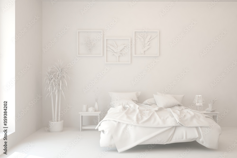 Modern bedroom in white color. Scandinavian interior design. 3D illustration