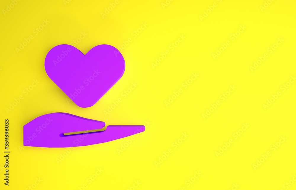 Purple Heart on hand icon isolated on yellow background. Hand giving love symbol. Valentines day sym