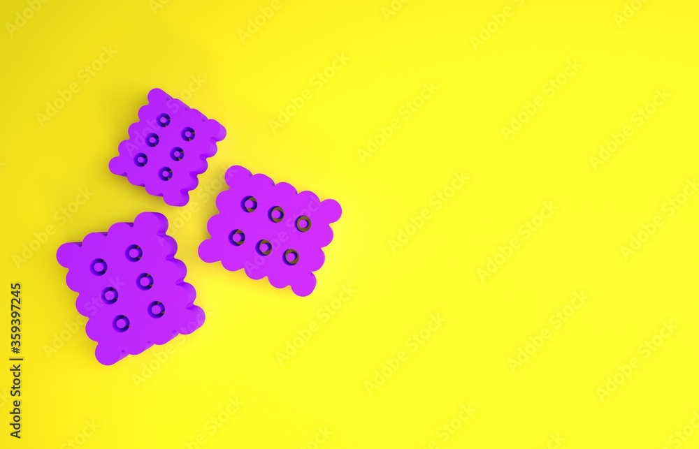 Purple Cracker biscuit icon isolated on yellow background. Sweet cookie. Minimalism concept. 3d illu