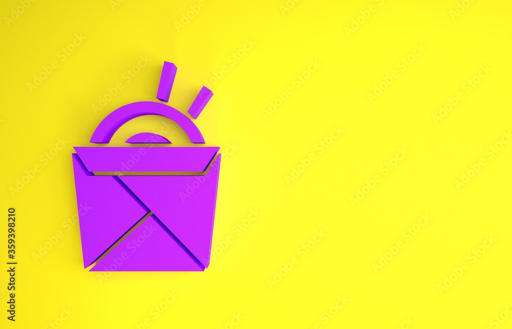 Purple Asian noodles in paper box and chopsticks icon isolated on yellow background. Street fast foo