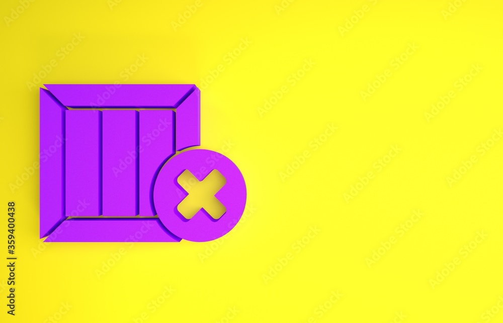 Purple Wooden box and delete icon isolated on yellow background. Box, package, parcel sign. Delivery