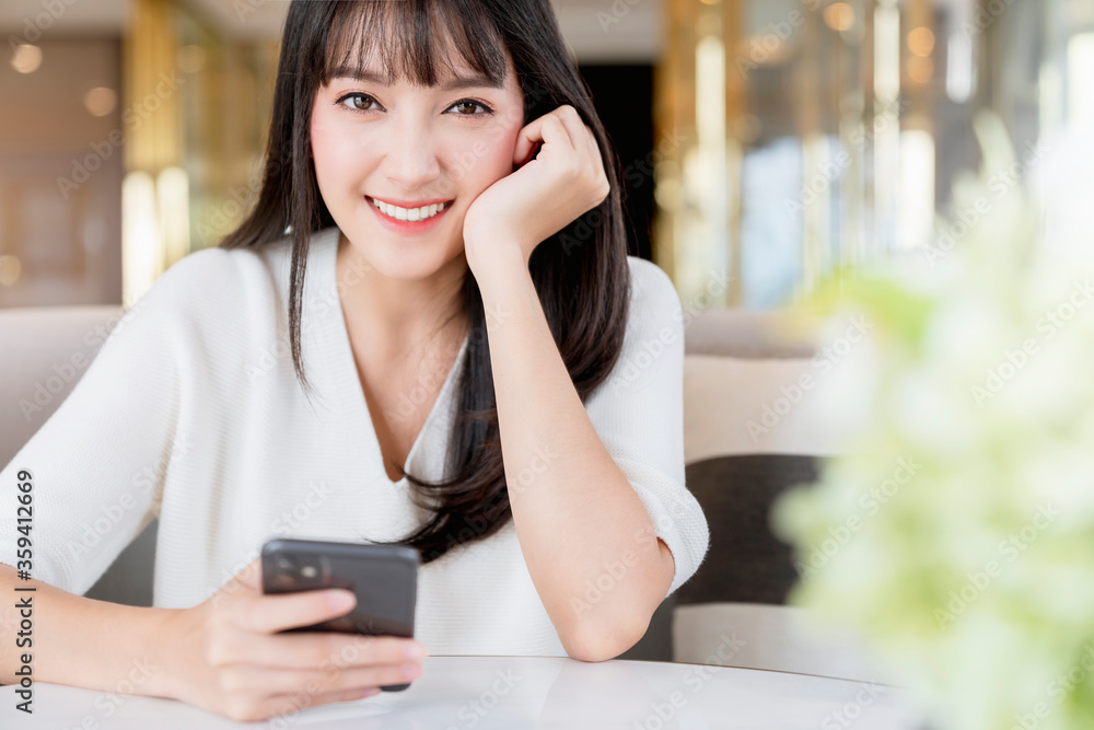 beautiful asian woman long black hair portrait white sweater with happiness smile and positive think