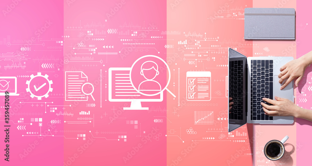 Document management system concept with person working with a laptop