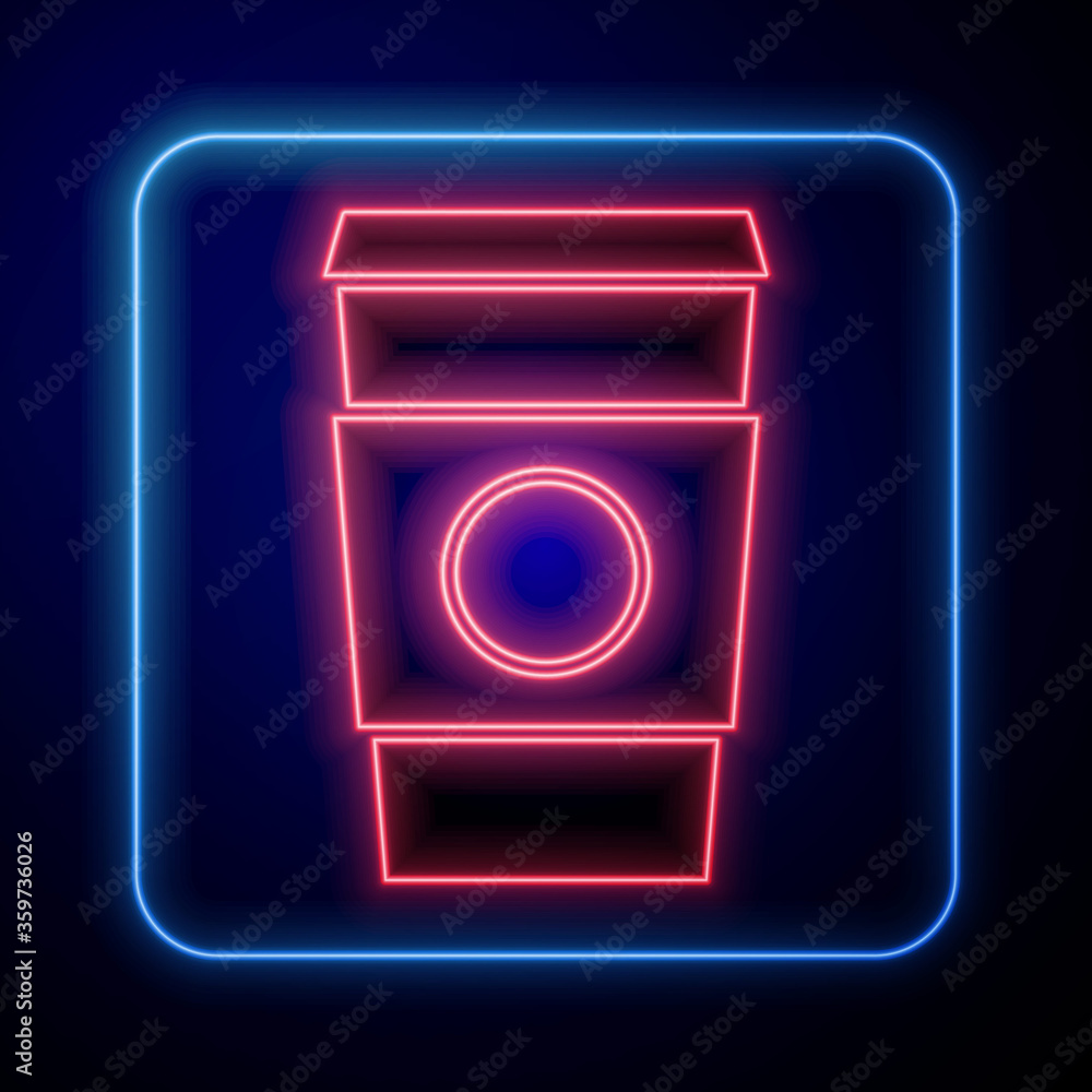 Glowing neon Coffee cup to go icon isolated on blue background.  Vector Illustration