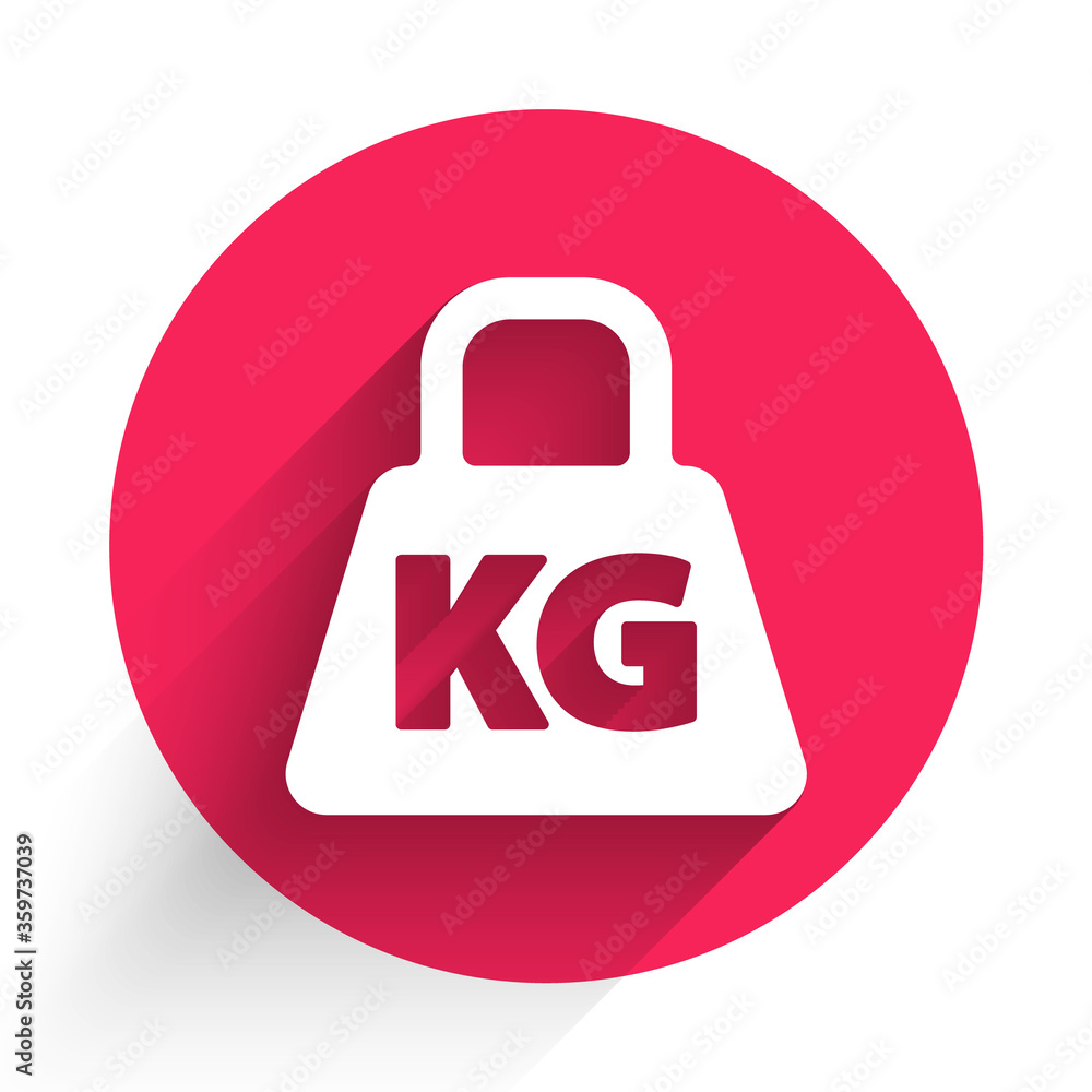 White Weight icon isolated with long shadow. Kilogram weight block for weight lifting and scale. Mas