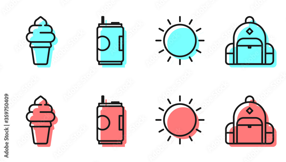 日落、华夫饼冰淇淋、苏打罐和徒步旅行背包图标。矢量