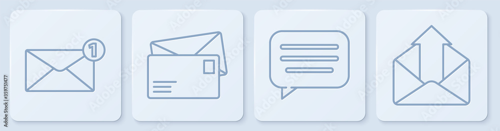 设置行信封、语音气泡聊天、信封和发送邮件。白色方形按钮。矢量