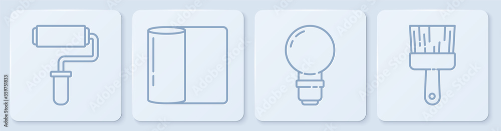 设置线油漆滚筒刷，灯泡，纸巾卷和油漆刷。白色方形按钮。Vect