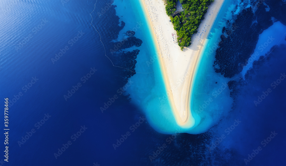 Croatia, Hvar island. Aerial view at the Zlatni Rat. Beach and sea from air. Famous place in Croatia