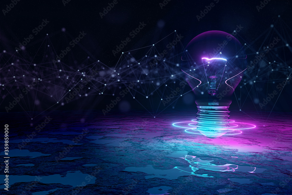 Lightbulb illuminating reflecting floor with blue and pink neon light 3D rendering