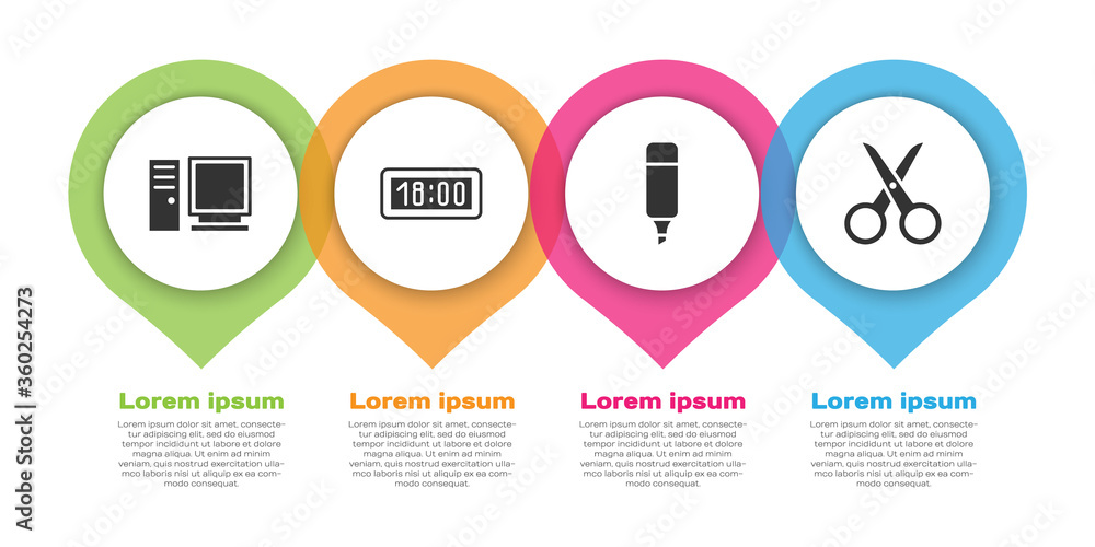 设置电脑显示器、数字闹钟、记号笔和剪刀。商业信息图模板.V