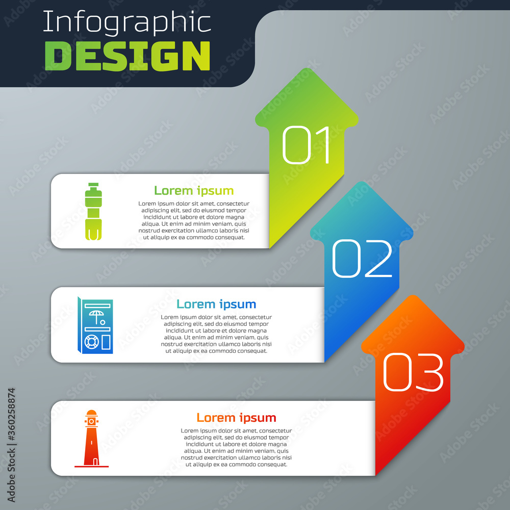 Set Bottle of water, Travel brochure and Lighthouse. Business infographic template. Vector