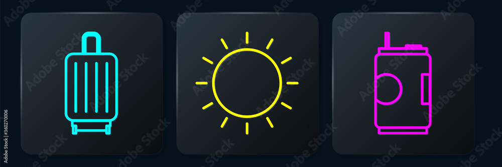 设置线手提箱、苏打罐和太阳。黑色方形按钮。矢量
