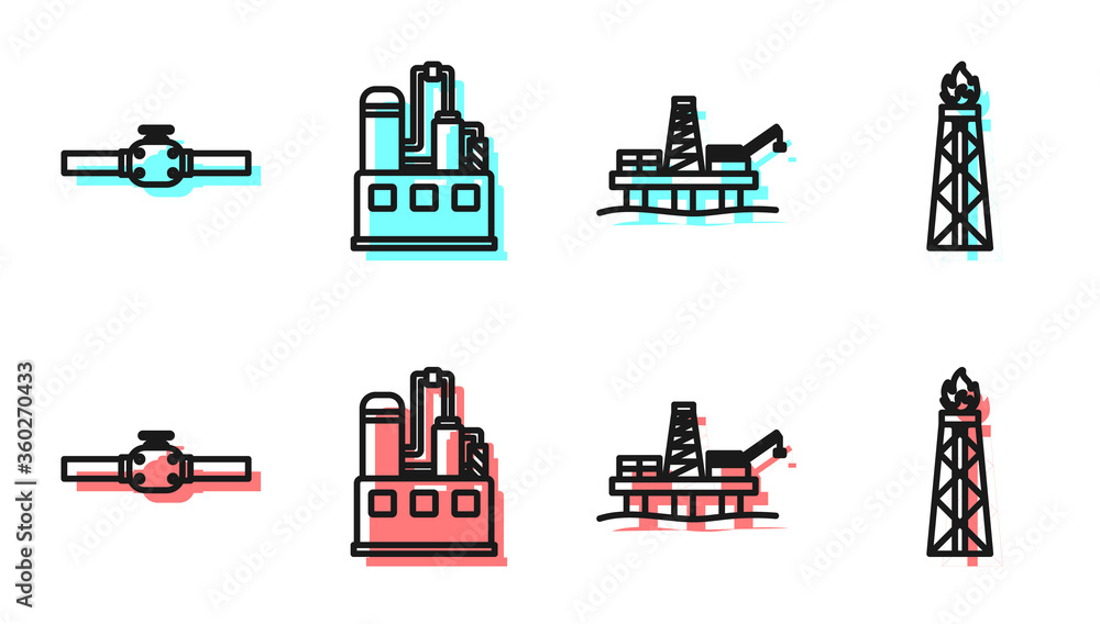 Set line Oil platform in the sea, Industry pipes and valve, Oil industrial factory building and Oil 