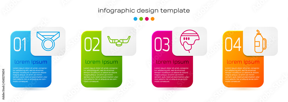 定位球奖牌，冰球棍和冰球，冰球头盔和健身摇壶。商业信息图t
